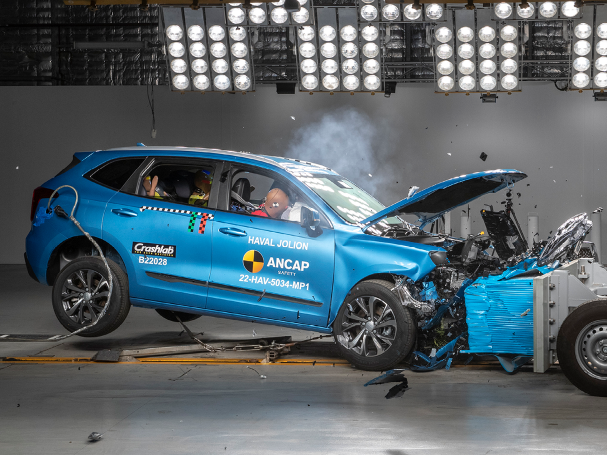 Azure Blue GWM Haval Jolion beign crashed in an ANCAP test