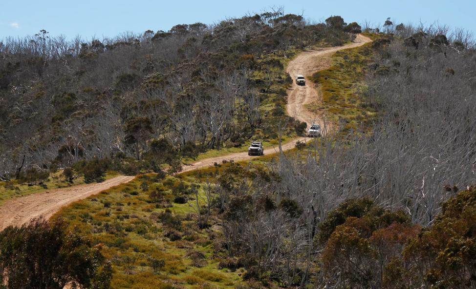 Three off-road vehicles drive along a winding dirt trail through a hilly landscape with sparse trees and patches of green vegetation under a clear sky.