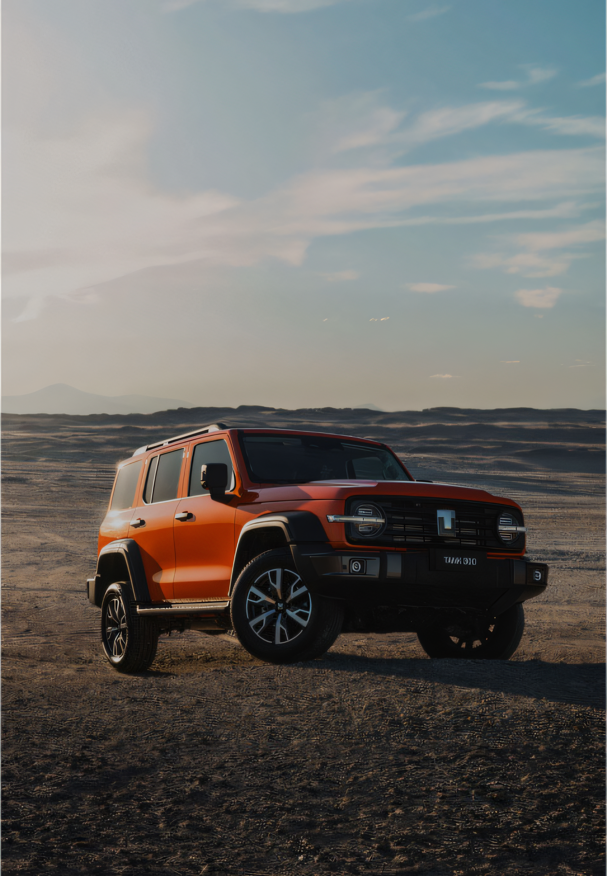 Dusk Orange GWM Tank 300 parked at an angle on top of a sand dune with rolling dunes in the background