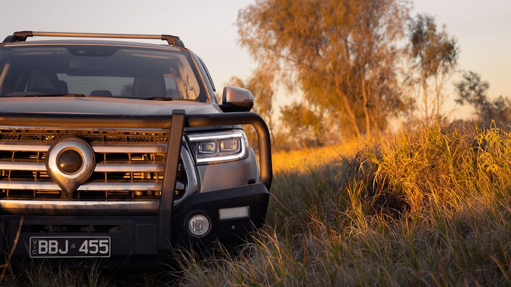 Slate Grey GWM Ute Cannon with a black bullbar parked in the tall grass