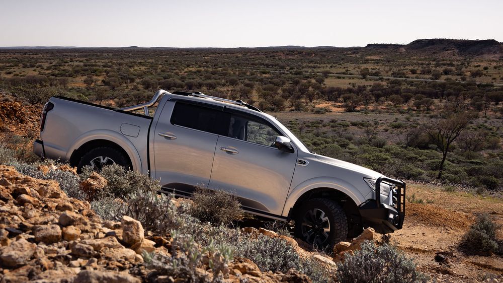 Slate Grey GWM Ute Cannon with a black bullbar parked on a sandy hill with wild fauna surrounding the car