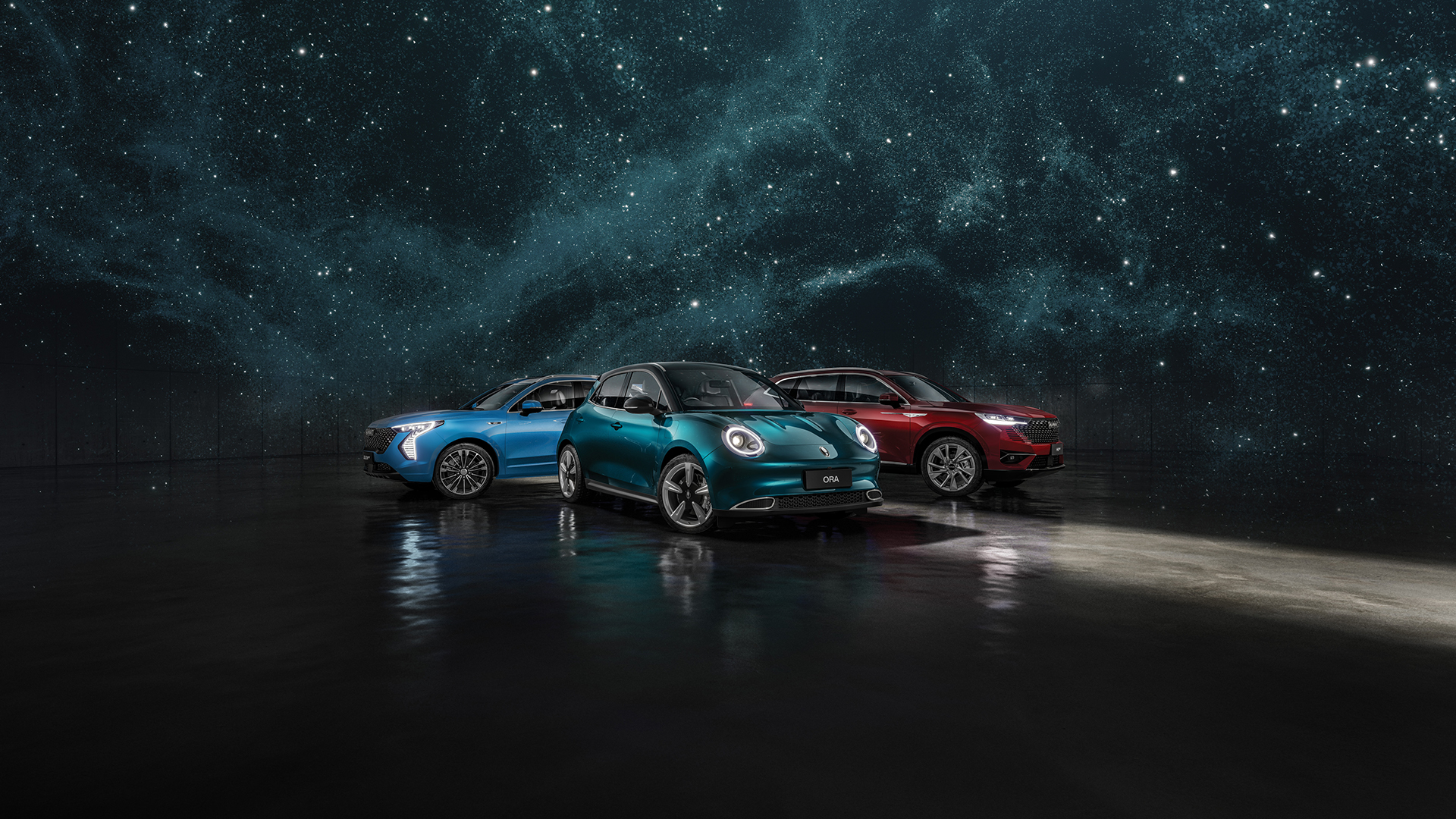 Aurora Green GWM Ora, Burgundy Red GWM Haval H6 Hybrid, and Azure Blue GWM Haval Jolion Hybrid parked together under a galaxy, starry sky