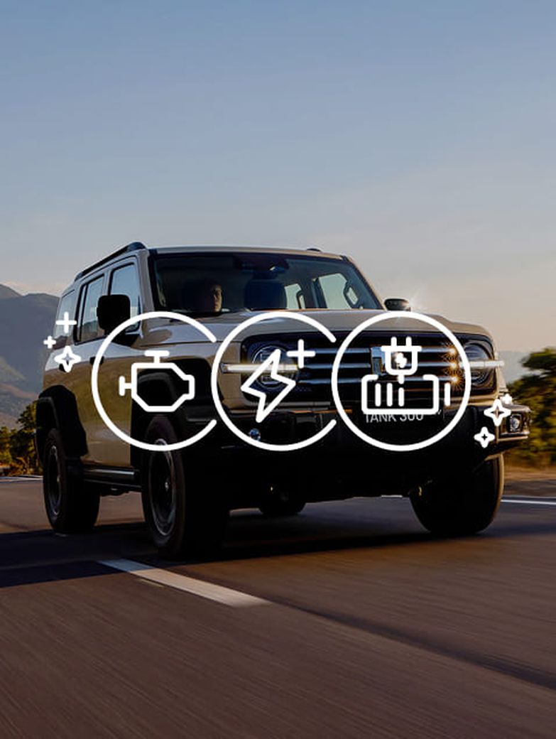 SUV driving on a highway with engine and performance icons overlaid, suggesting advanced features. Mountains and clear sky in the background.