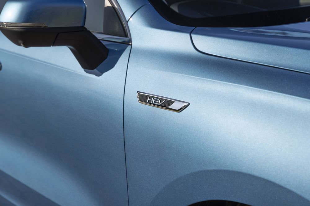 Close up of the HEV badge on the Azure Blue GWM Haval Jolion Hybrid