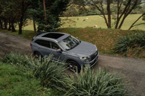 GWM Haval H6 Hybrid in Ayers Grey driving on a dirt road among greenery viewed from the top down